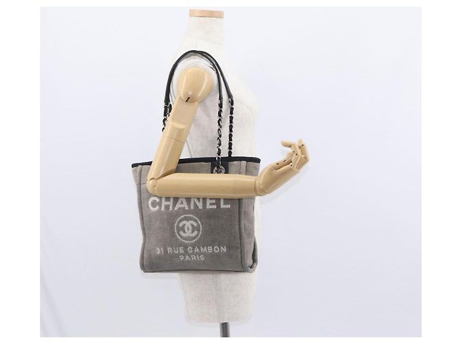 CHANEL Deauville Kette Tote Tasche aus Canvas Grau Silber CC Auth bs31505 - Ansicht 23