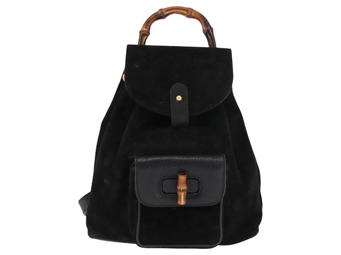 Zaino in pelle scamosciata nera GUCCI Bamboo Auth BA6791 Nero - vista 13