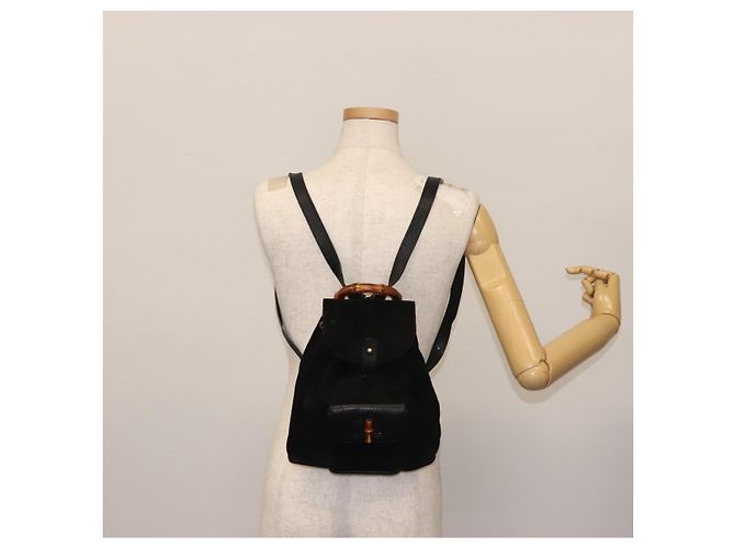 Zaino in pelle scamosciata nera GUCCI Bamboo Auth BA6791 Nero - vista 25