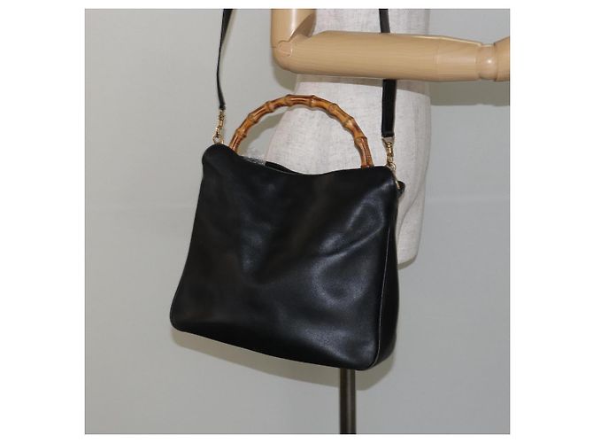 Borsa a mano in pelle Gucci Bamboo nera e oro 001 1998 1638 Auth 142437 Nero D'oro - vista 22