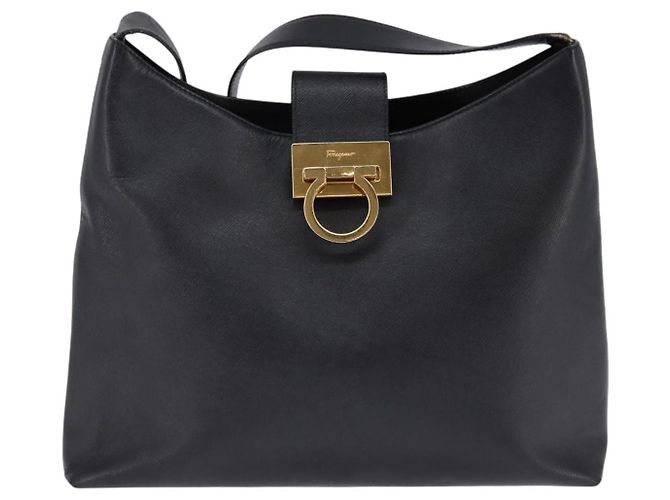 Borsa a Spalla Gancini in Pelle Nera e Oro Auth 144644 di Salvatore Ferragamo Nero D'oro - vista 13