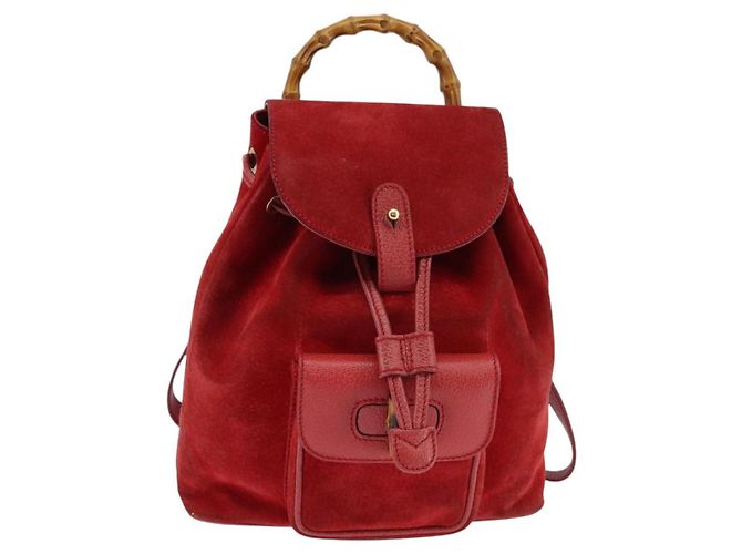 Zaino in Pelle Suede GUCCI Bamboo Rosso Oro 003 8030 Auth gh770 D'oro - vista 13