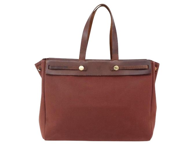 Hermès HERMES Herbag Cabas GM Borsa Tote Tela Pelle Marrone Oro Auth bs29683 D'oro - vista 13