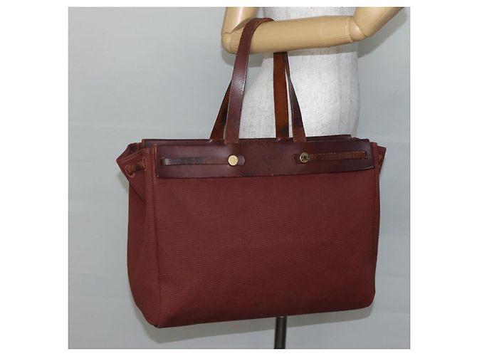 Hermès HERMES Herbag Cabas GM Borsa Tote Tela Pelle Marrone Oro Auth bs29683 D'oro - vista 19