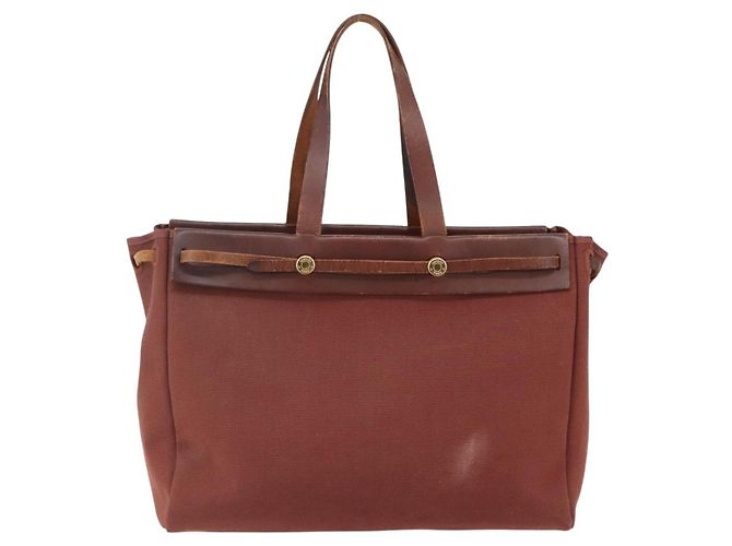 Hermès HERMES Herbag Cabas GM Borsa Tote Tela Pelle Marrone Oro Auth bs29683 D'oro - vista 2