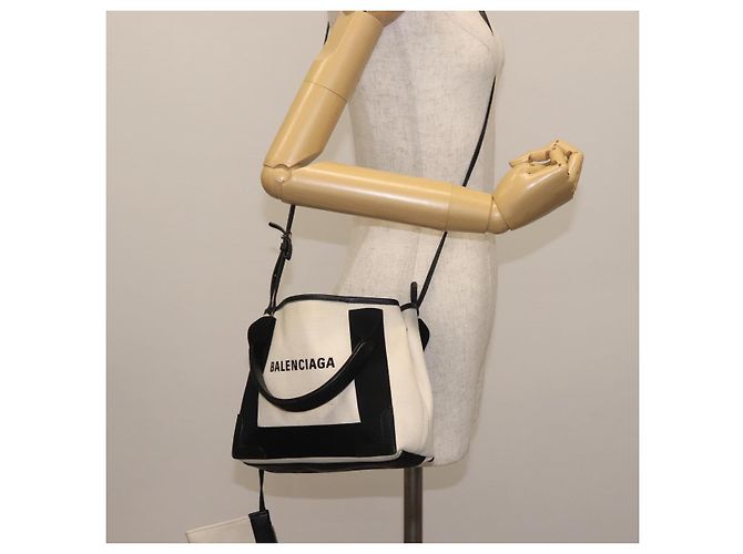 Borsa Cabas XS BALENCIAGA in tela e pelle blu navy, bianco, nero e argento 390346 Auth gh775 - vista 26