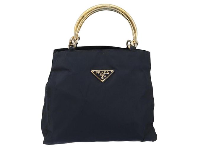 Borsa a mano PRADA in nylon blu navy e oro Auth bs29879 D'oro - vista 13