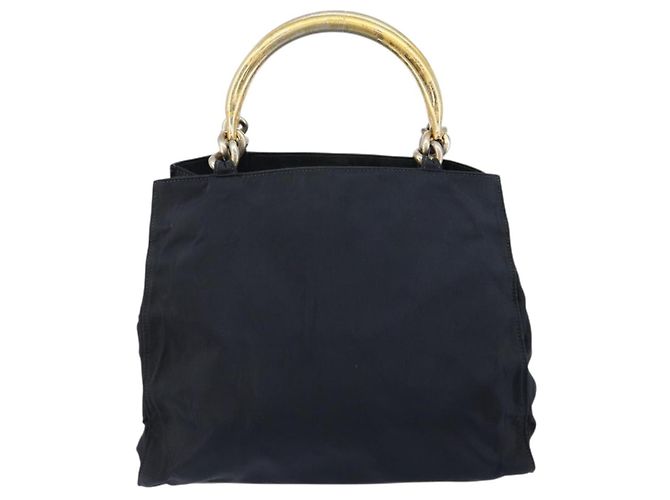 Borsa a mano PRADA in nylon blu navy e oro Auth bs29879 D'oro - vista 2