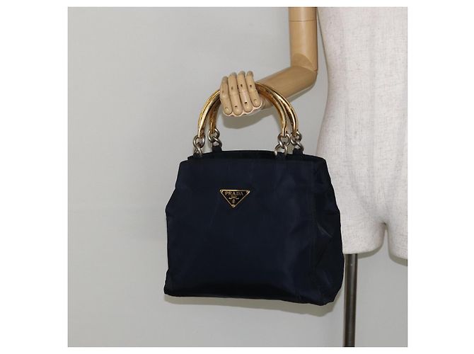 Borsa a mano PRADA in nylon blu navy e oro Auth bs29879 D'oro - vista 23