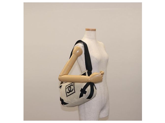 Borsa a Spalla CHANEL Sports COCO Mark Canvas Beige Argento CC Auth 146878 - vista 23