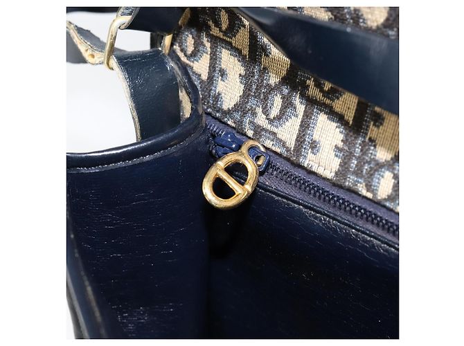 Borsa a Spalla in Tela Trotter Christian Dior Blu Navy Oro Auth 153965 D'oro - vista 20