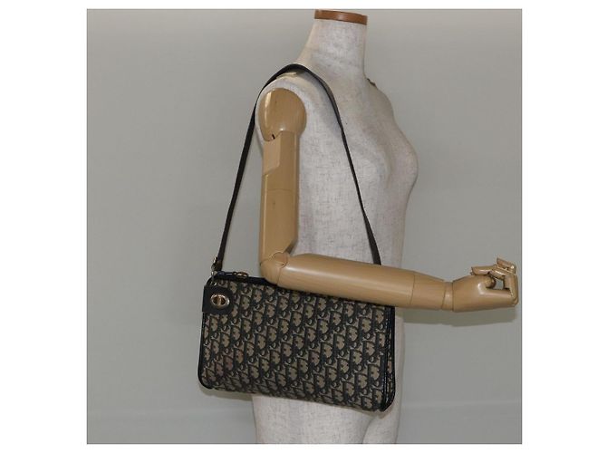 Borsa a Spalla in Tela Trotter Christian Dior Blu Navy Oro Auth 147961 D'oro - vista 20