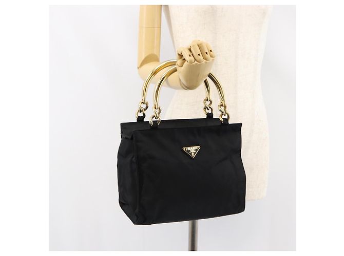 PRADA Borsa a mano in nylon nero e oro Auth yk19626 D'oro - vista 23