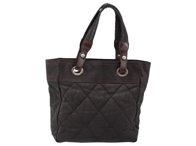 CHANEL Paris Biarritz Tote Tasche Beschichtete Leinwand Dunkelbraun Silber CC Auth bs29897 - Ansicht 13