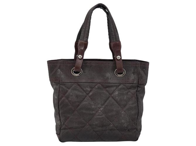CHANEL Paris Biarritz Tote Tasche Beschichtete Leinwand Dunkelbraun Silber CC Auth bs29897 - Ansicht 2