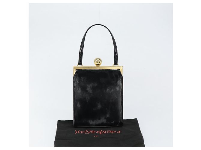 SAINT LAURENT Borsa a Mano Smalto Nero Oro Auth 154615 D'oro - vista 12
