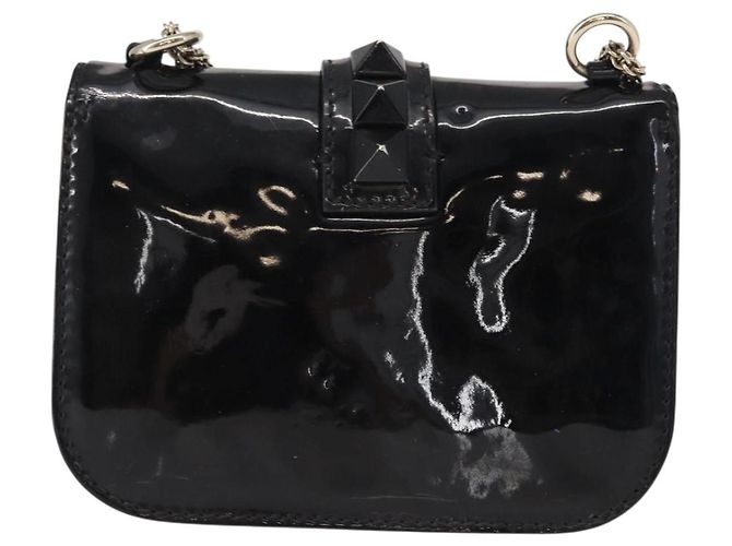 VALENTINO Borsa a spalla con catena e borchie Smalto Nero Argento Auth bs31222 - vista 2