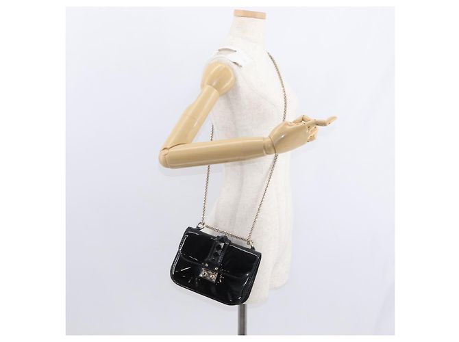 VALENTINO Borsa a spalla con catena e borchie Smalto Nero Argento Auth bs31222 - vista 23