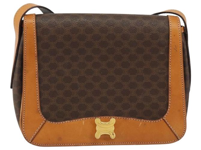 Céline Borsa a Spalla in Tela Macadam CELINE in Pelle PVC Marrone Oro Auth 152723 D'oro - vista 13