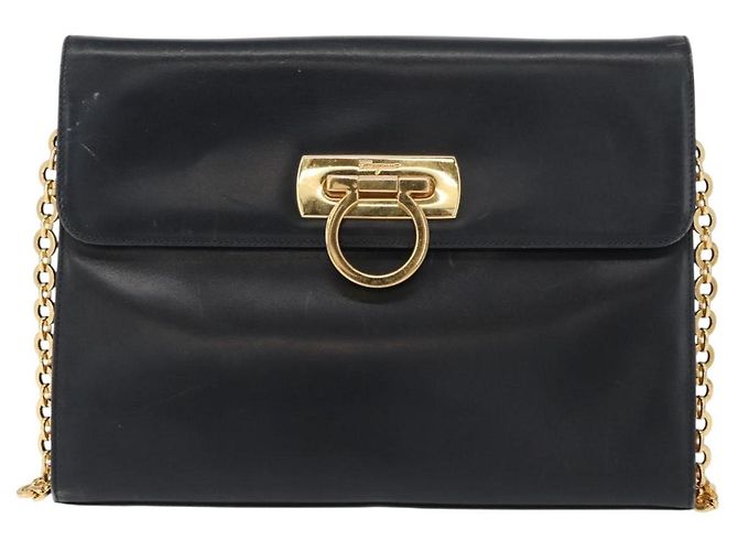 Borsa a spalla Gancini in pelle blu navy e oro Auth 152720 di Salvatore Ferragamo D'oro - vista 13