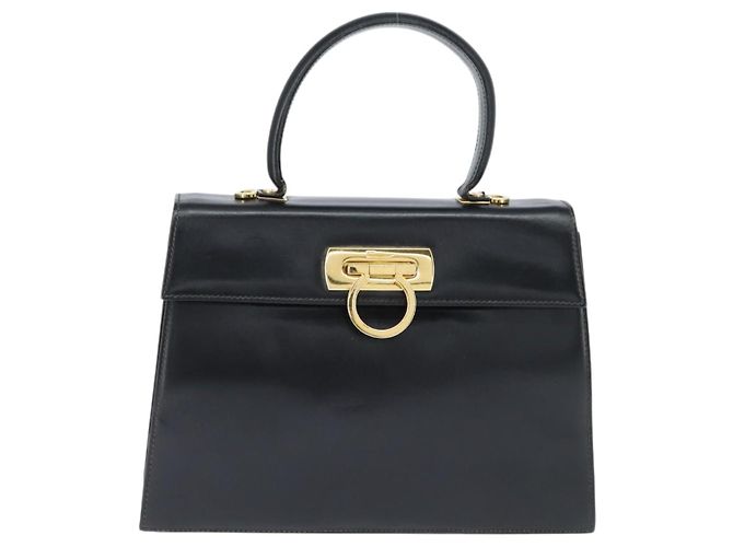 Borsa a mano in pelle Gancini Salvatore Ferragamo 2 in 1 Nero Oro Auth BA7323 - vista 13
