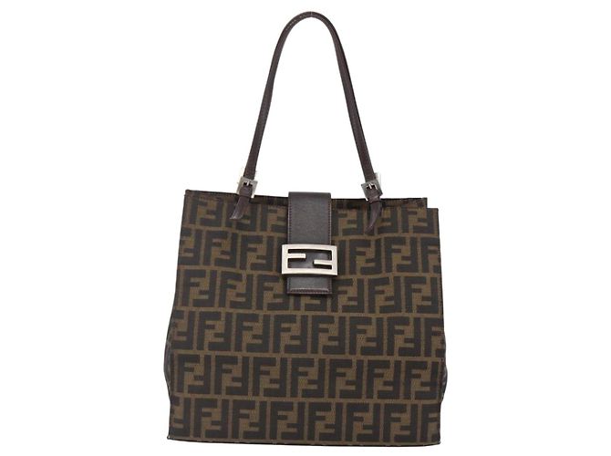 FENDI Zucca Canvas Mamma Baguette Tote Bag Schwarz Braun Auth 147540 - Ansicht 13
