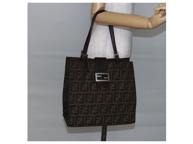 FENDI Zucca Canvas Mamma Baguette Tote Bag Schwarz Braun Auth 147540 - Ansicht 24