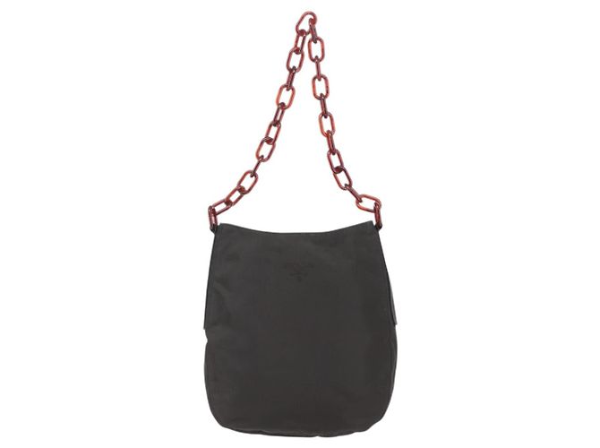 Borsa a spalla con catena Prada in nylon marrone Auth bs29917 - vista 13