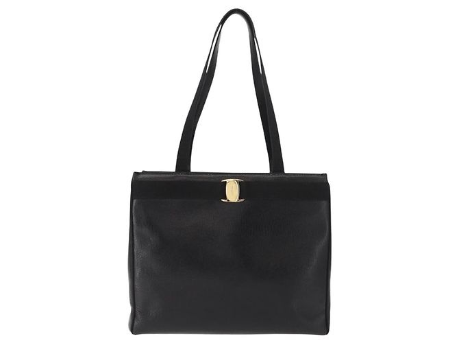 Salvatore Ferragamo Vala Präge-Tote aus Leder in Schwarz und Gold Auth BA7328 Golden - Ansicht 13