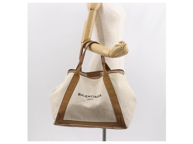 Bolsa Cabas Navy Balenciaga em lona e couro bege claro prateado 339936 Auth gh1160 Marrom Prata - vista 24