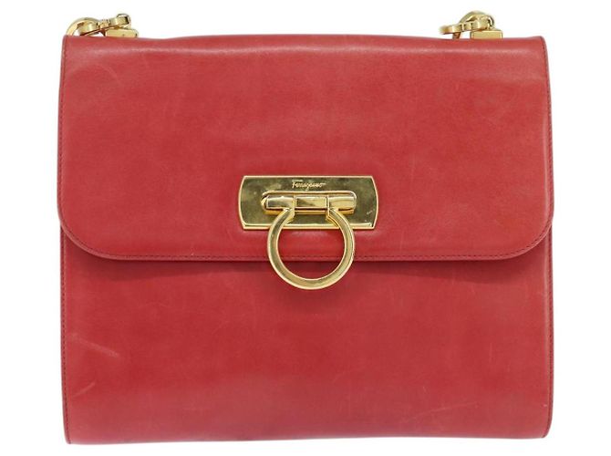 Borsa a Spalla Gancini in Pelle Rossa e Oro Salvatore Ferragamo Auth hk3177 Rosso D'oro - vista 13