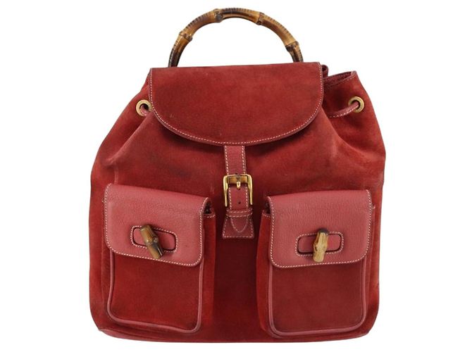 Mochila de Camurça Gucci Bamboo Vermelha Dourada 003 2058 0016 Auth th6525 Vermelho Dourado - vista 2