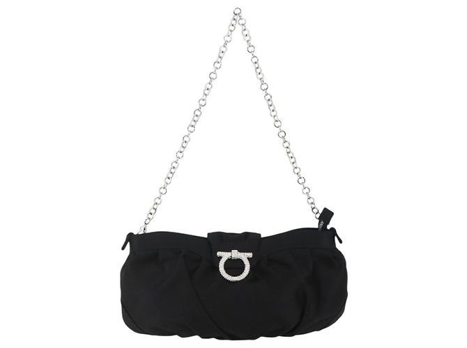 Borsa a Spalla Gancini Chain Salvatore Ferragamo Satin Nero Argento Auth 156969V - vista 2