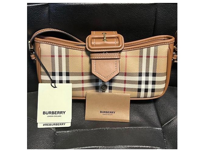 Borsa a spalla Burberry Check in tela beige e marrone chiaro - vista 2