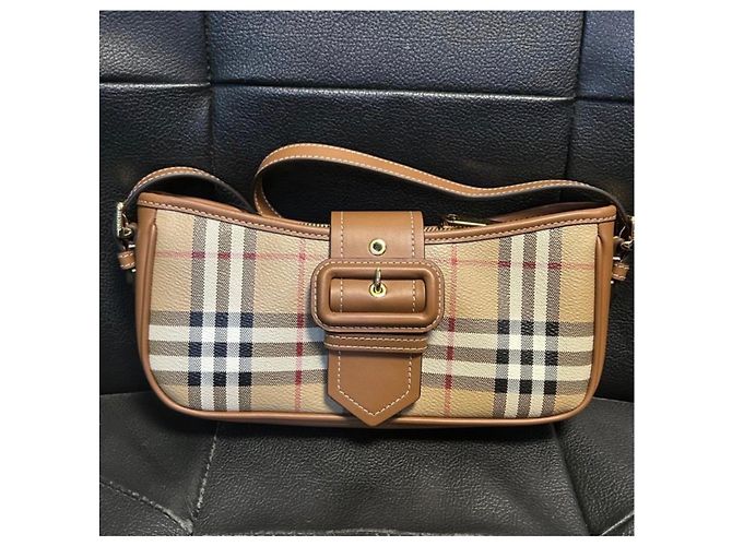 Borsa a spalla Burberry Check in tela beige e marrone chiaro - vista 3