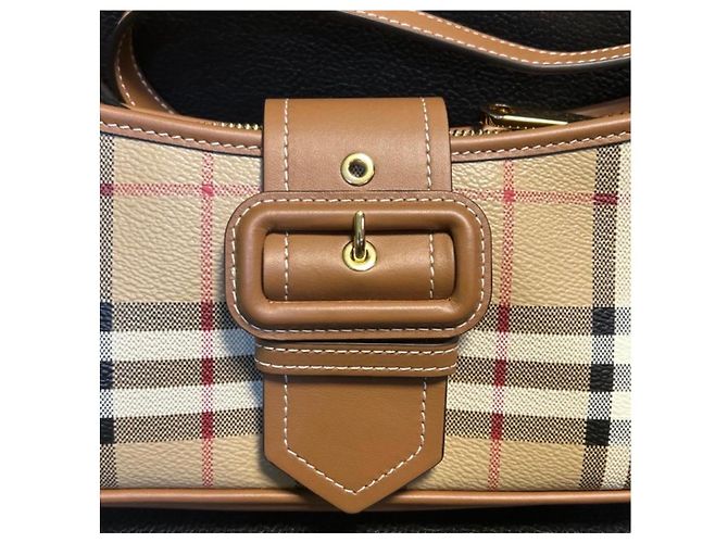 Borsa a spalla Burberry Check in tela beige e marrone chiaro - vista 4