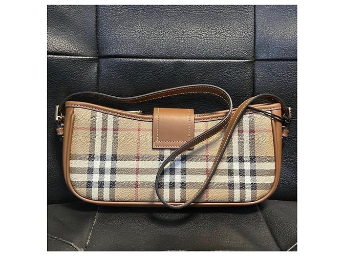 Borsa a spalla Burberry Check in tela beige e marrone chiaro - vista 5
