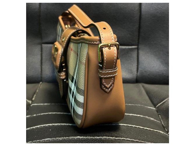 Borsa a spalla Burberry Check in tela beige e marrone chiaro - vista 6