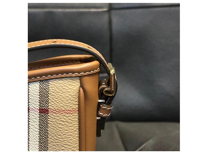 Borsa a spalla Burberry Check in tela beige e marrone chiaro - vista 8