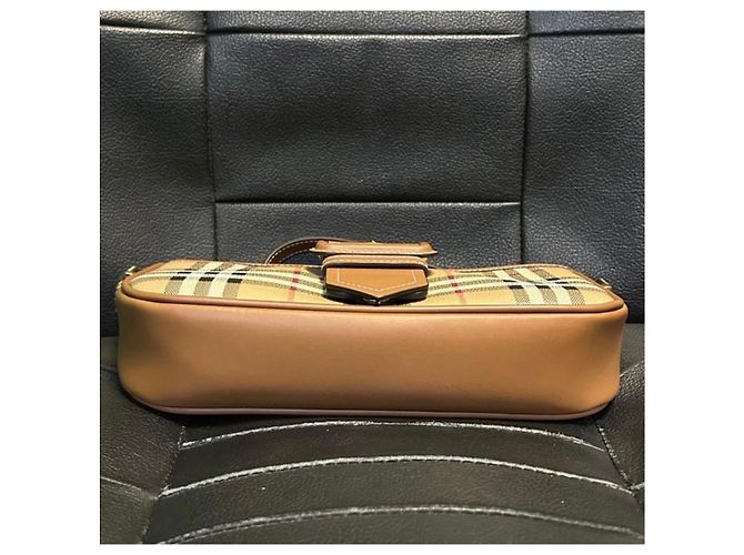 Borsa a spalla Burberry Check in tela beige e marrone chiaro - vista 9