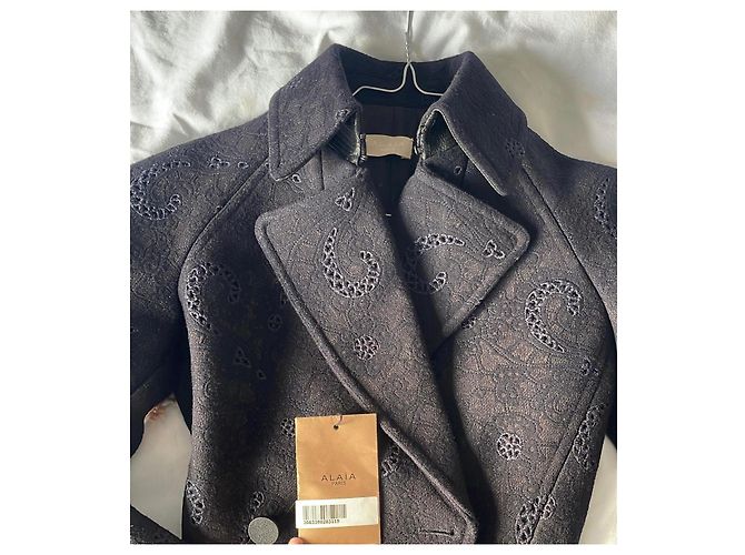Alaïa Flared Printed Coat in Black Wool Navy blue - view 2