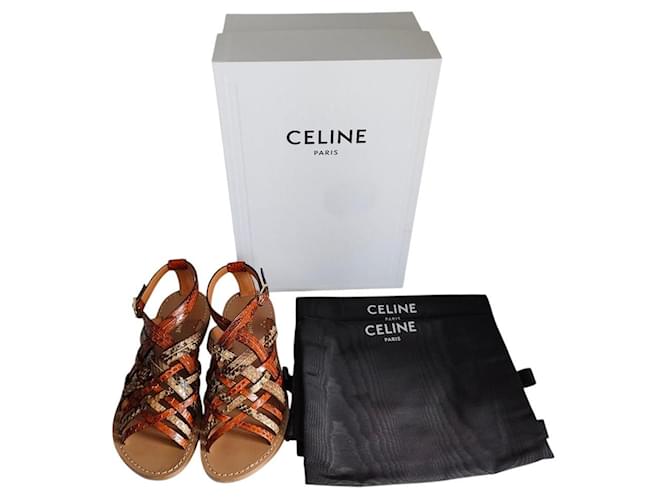 Céline Sandales plates en cuir python Celine Marron - vue 14