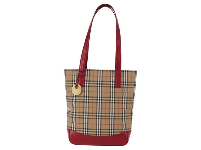 Borsa Tote Nova Check in Tela e Pelle BURBERRY Beige Rosso Oro Auth gh1367 D'oro - vista 13