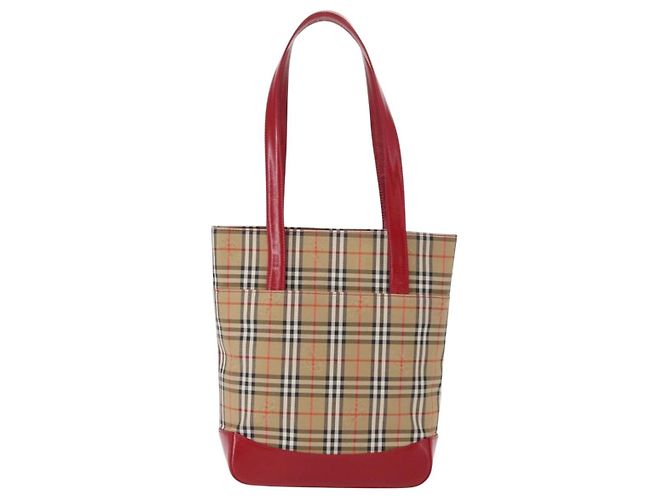 Borsa Tote Nova Check in Tela e Pelle BURBERRY Beige Rosso Oro Auth gh1367 D'oro - vista 2