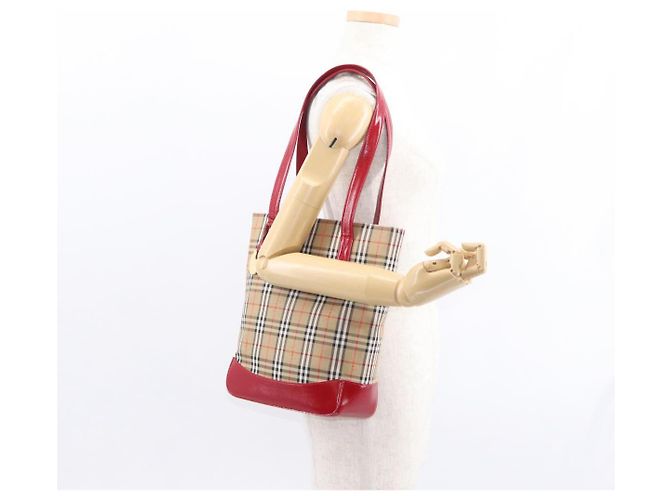 Borsa Tote Nova Check in Tela e Pelle BURBERRY Beige Rosso Oro Auth gh1367 D'oro - vista 21