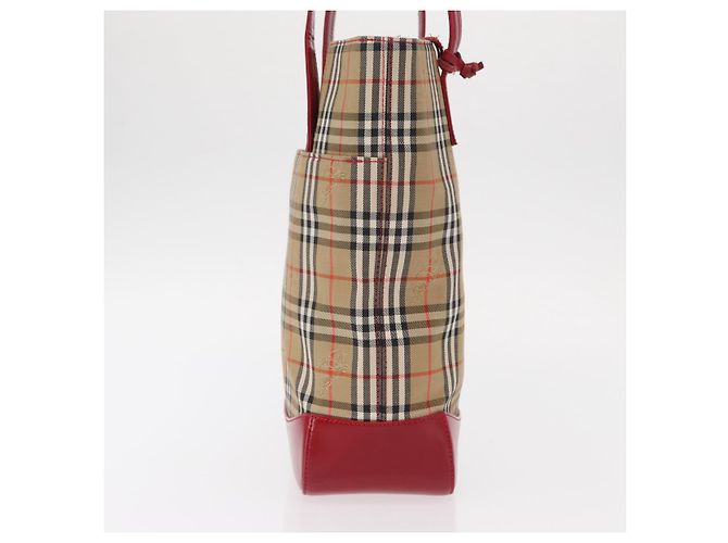 Borsa Tote Nova Check in Tela e Pelle BURBERRY Beige Rosso Oro Auth gh1367 D'oro - vista 4