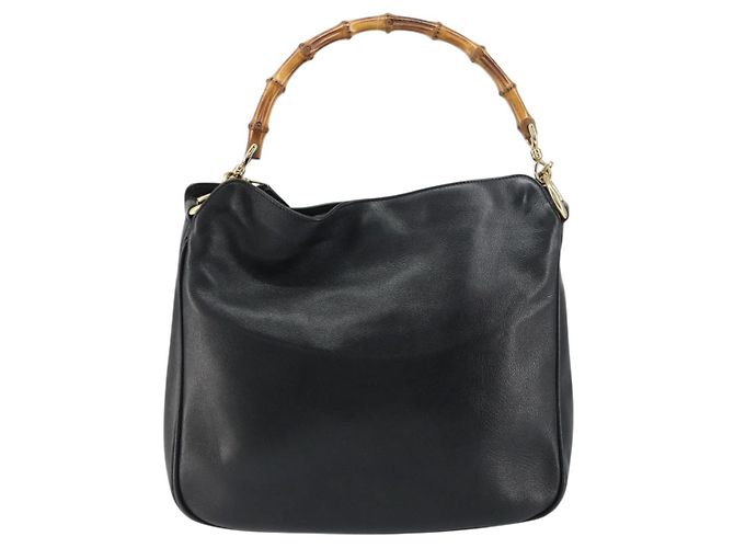 Bolsa de mão em couro Gucci Bamboo 2way Preto Ouro 001 1998 1638 Auth BA8637 Dourado - vista 2