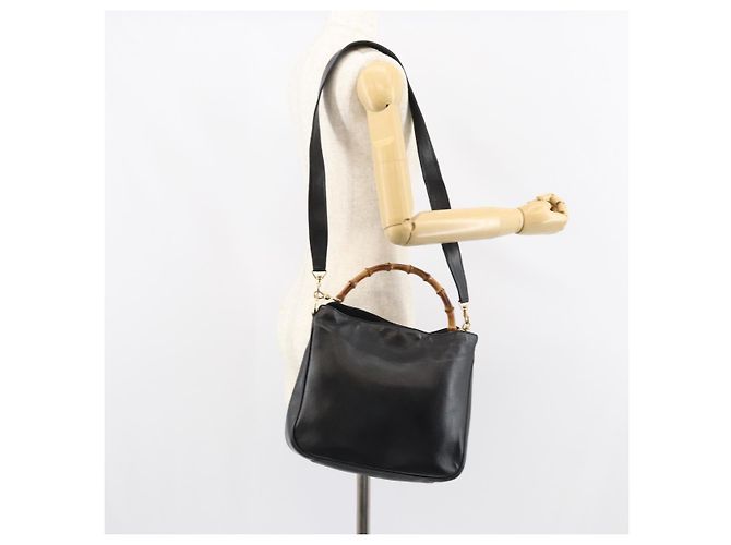 Bolsa de mão em couro Gucci Bamboo 2way Preto Ouro 001 1998 1638 Auth BA8637 Dourado - vista 23