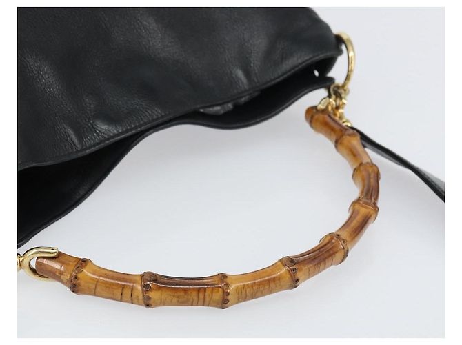 Bolsa de mão em couro Gucci Bamboo 2way Preto Ouro 001 1998 1638 Auth BA8637 Dourado - vista 7