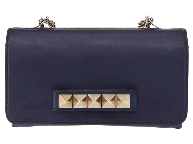 VALENTINO Bolso de Hombro de Cuero con Cadena y Estrellas Azul Marino Dorado Auth BA8756 - vista 13